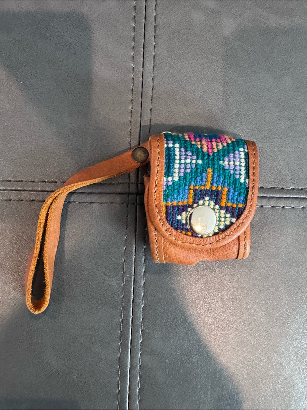 Leather Wristlet Earbuds Pouch with Woven Huipil Teal Pattern